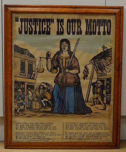 Samual Reevs Pub. hand coloured poster 'Justice is our motto' 62 x 50cm. in maple frame